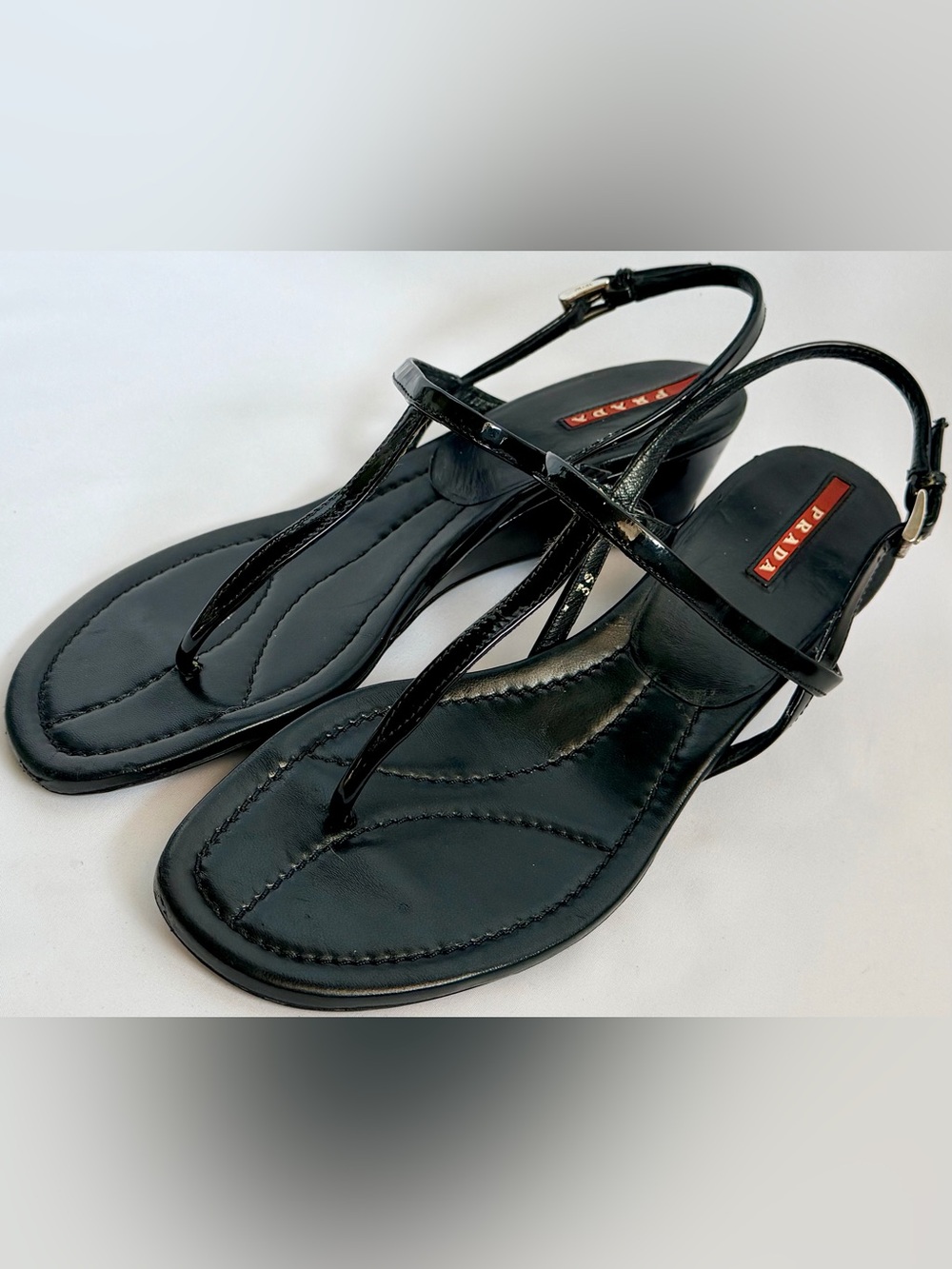Prada Sport Linea Rossa Vintage Y2K Black Patent Leather T-Strap Wedge Sandal 39